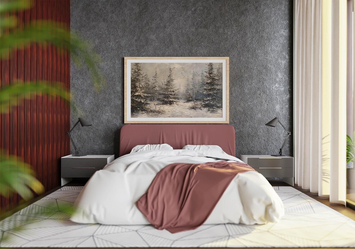 Misty Snowy Pine Forest Neutral Tones Textured Oil Painting Poster - Image 4