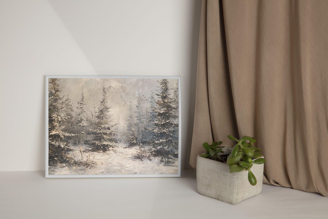 Misty Snowy Pine Forest Neutral Tones Textured Oil Painting Poster - Image 5