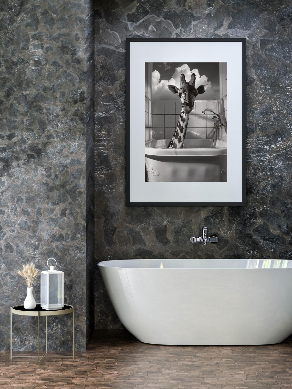 Funny Giraffe Soaking in Vintage Clawfoot Bathtub Black White Photo Poster - Image 2