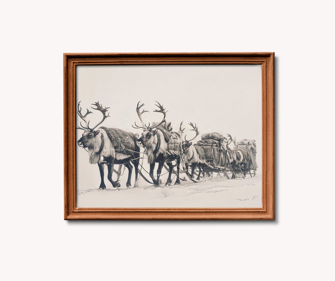 Reindeer Sledge Team Crossing Snowy Wilderness Sketch Art Poster