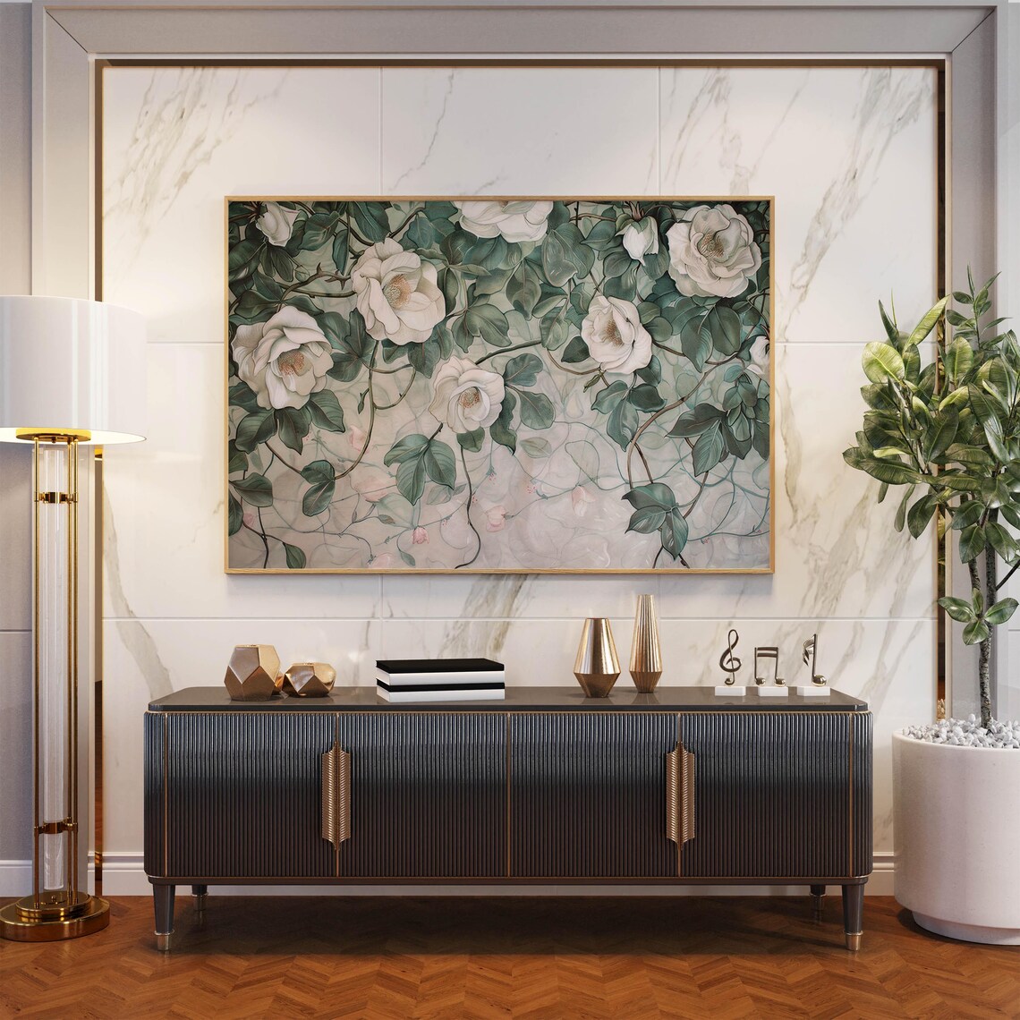 White Climbing Roses With Lush Green Leaves Art Nouveau Wall Art - Image 4