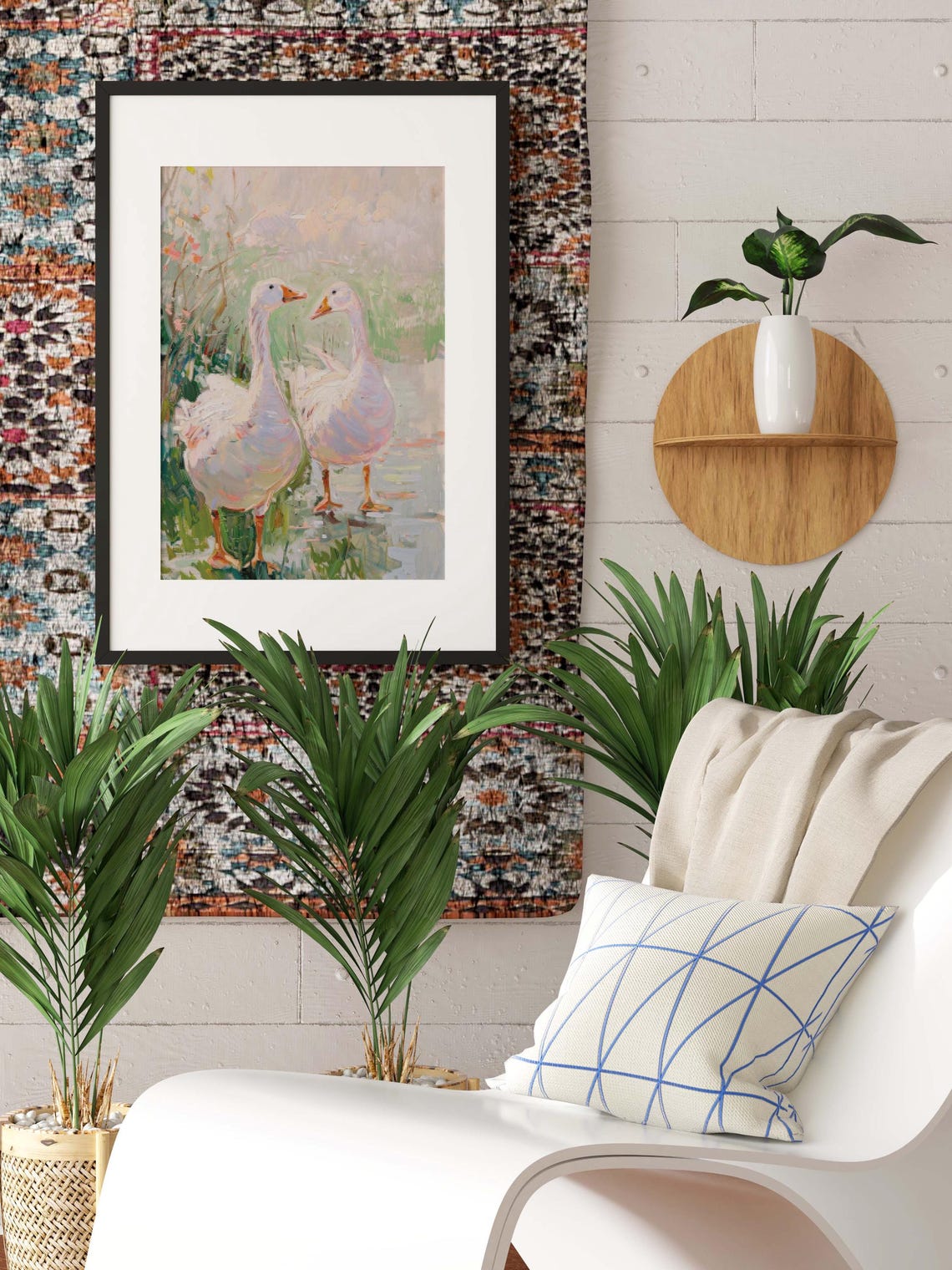 Two White Geese by the Water in Soft Pastel Impressionist Oil Poster - Image 2