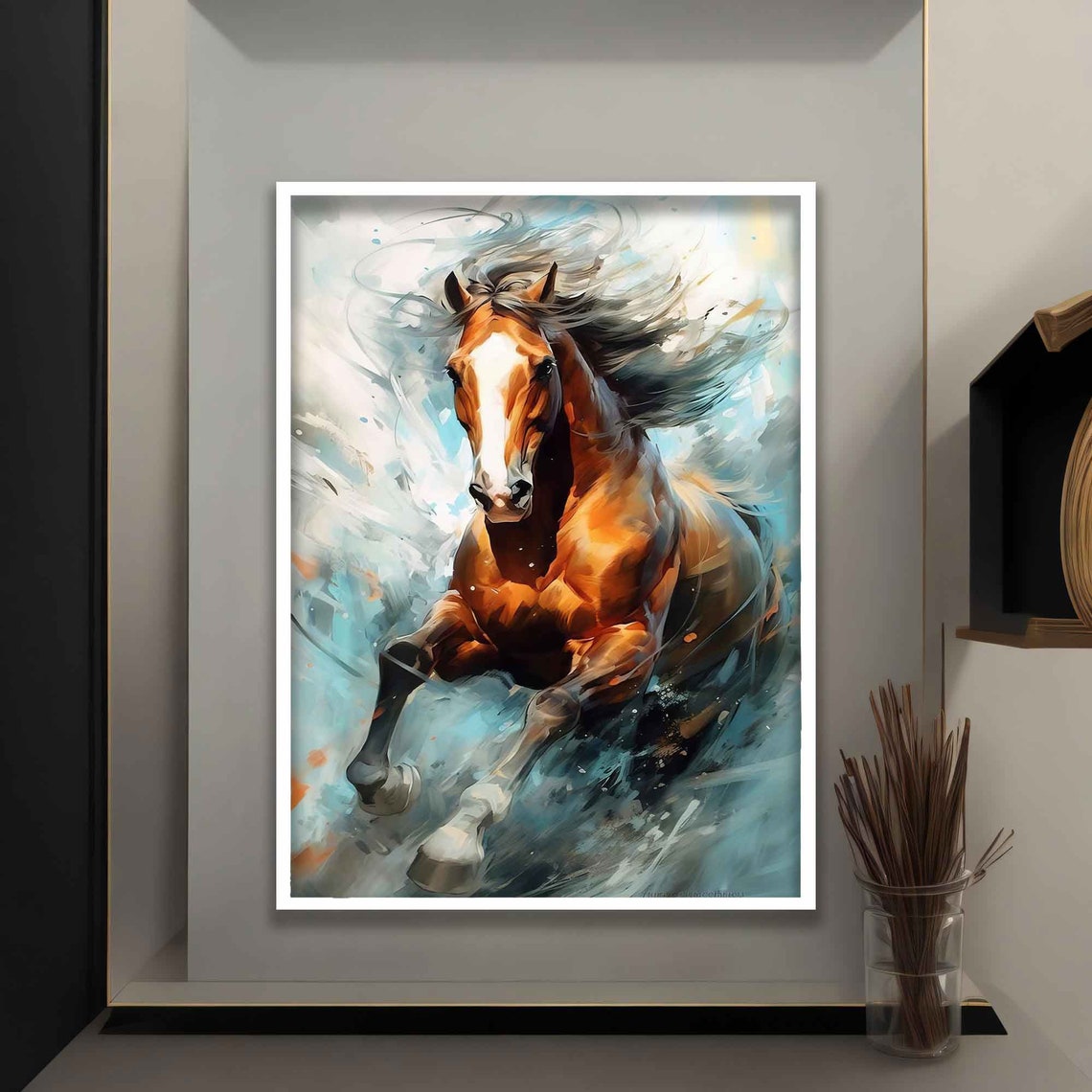 Running Chestnut Horse Flowing Mane Dynamic Splash Art Wall Poster - Image 4