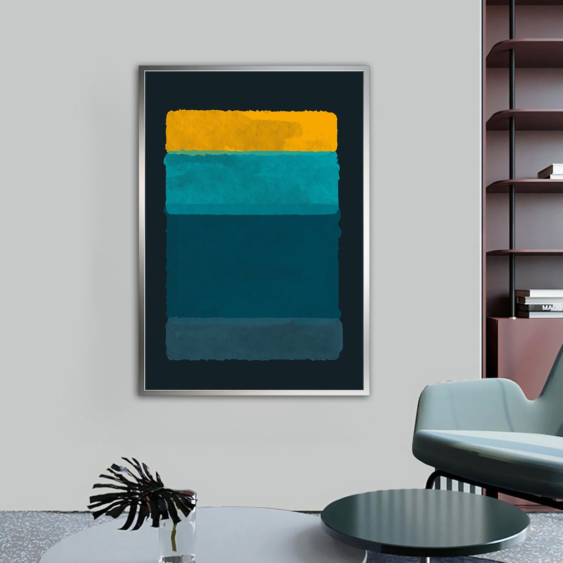 Golden Yellow Turquoise Teal Horizontal Bands Abstract Art Poster - Image 4