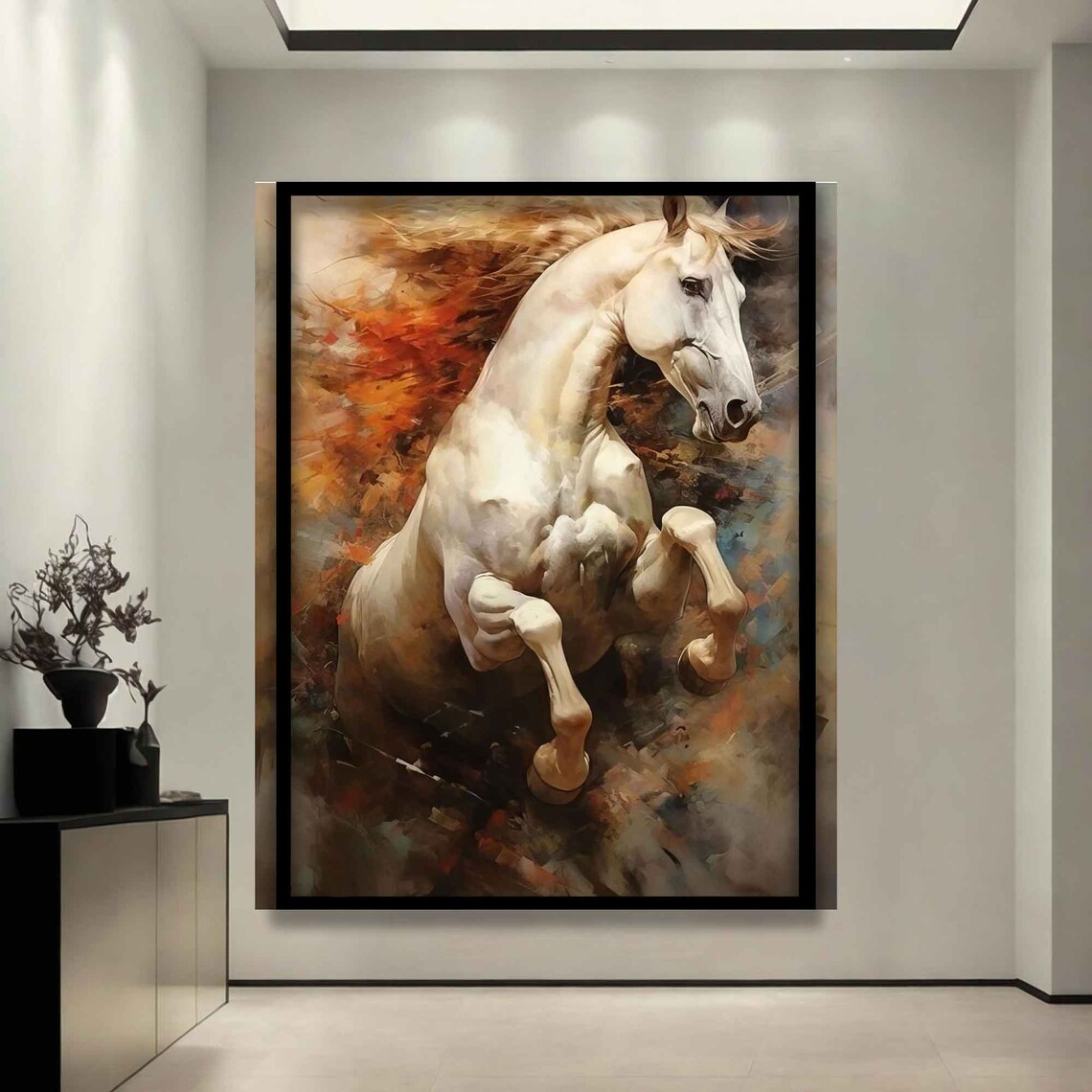 Prancing White Horse Fiery Orange Brown Splash Painting Poster - Image 2