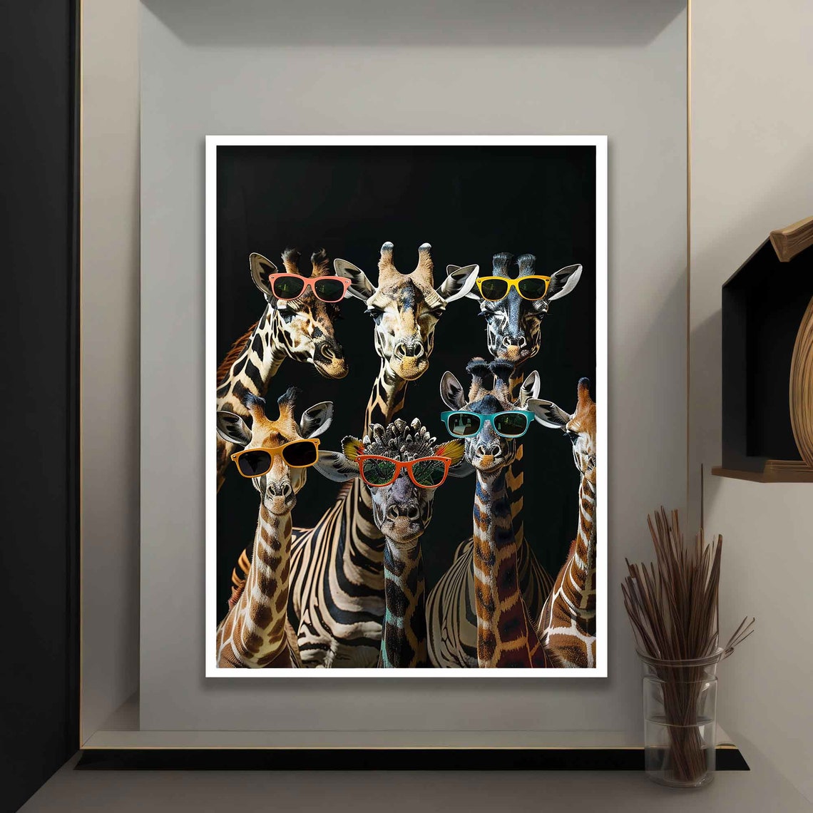 Giraffes Wearing Bright Sunglasses Fun Black Background Art Poster - Image 5