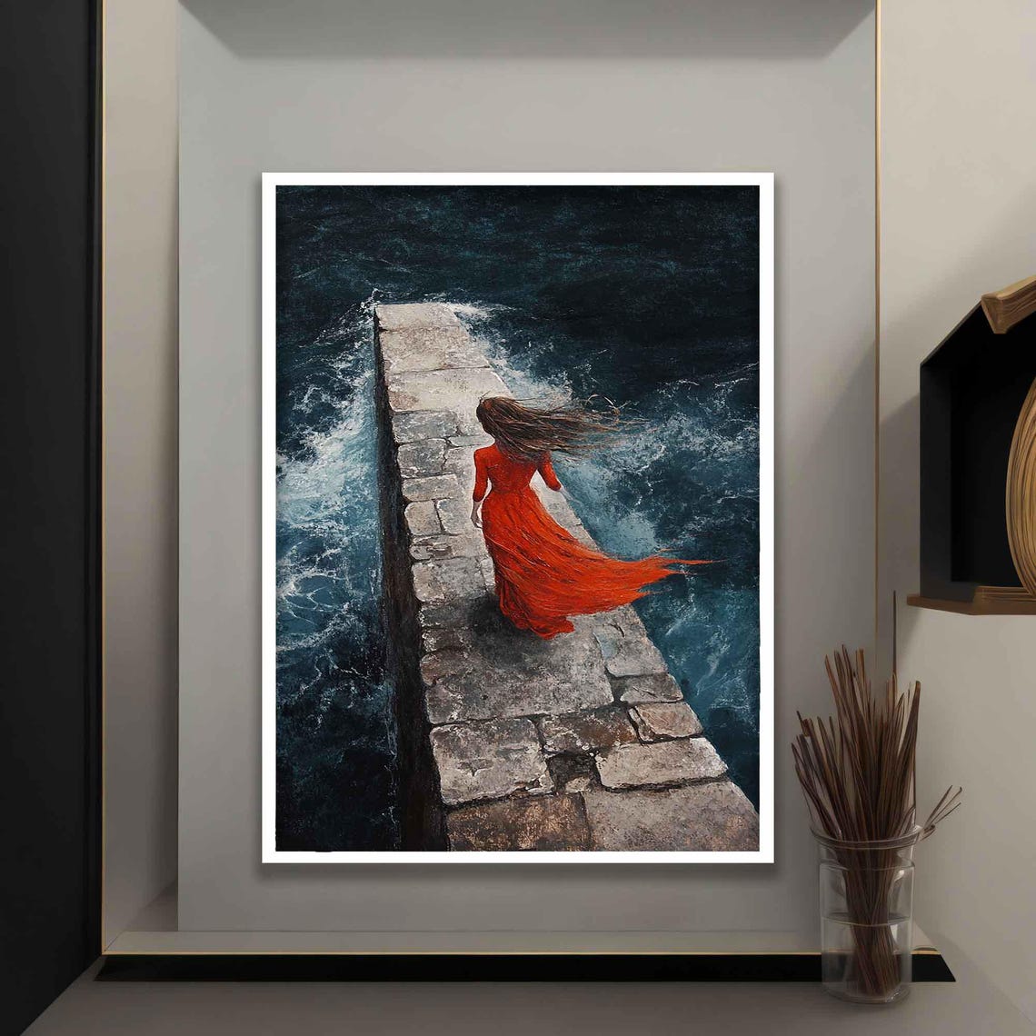 Woman With Red Dress Wall Decor Surreal Blonde Girl Poster Seascape Art Girl In Red Dress Print Beautiful Woman Home Decor - Image 4