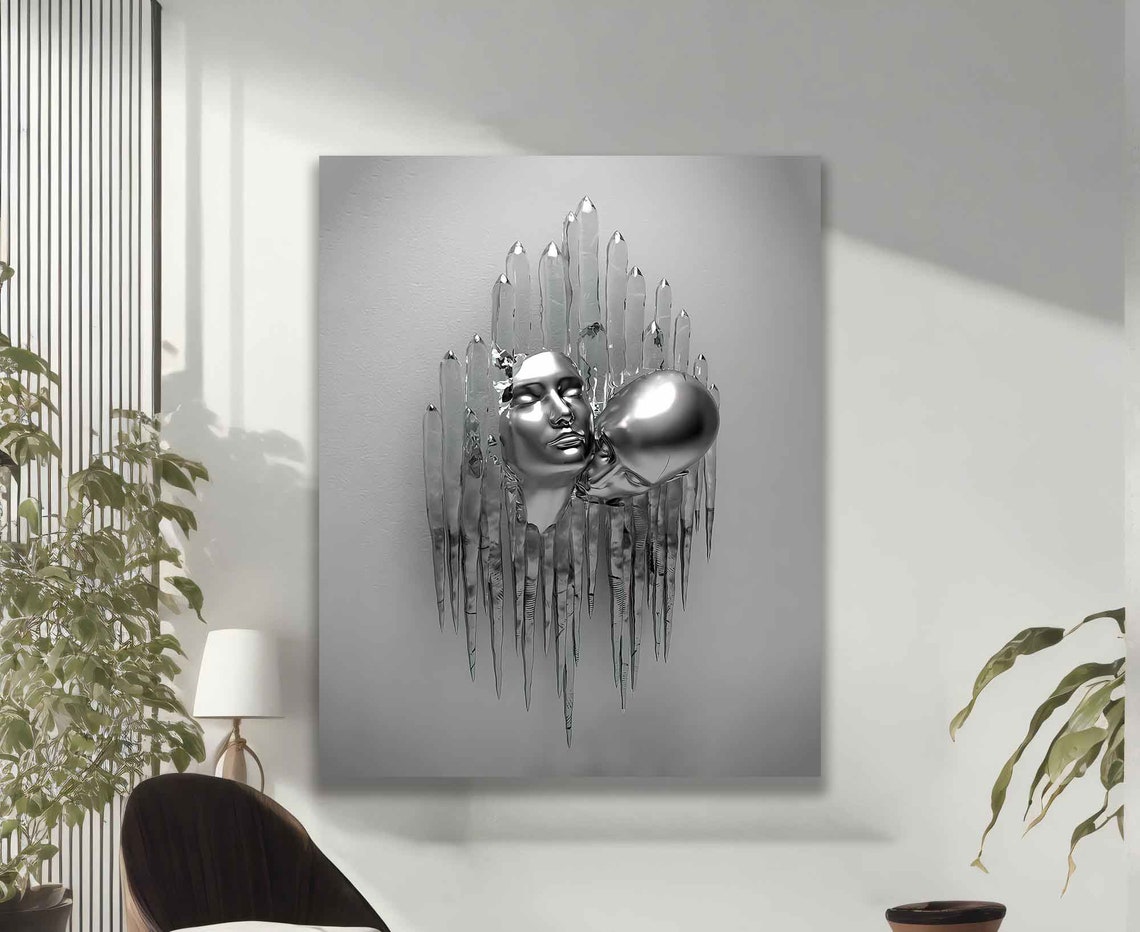 Silver Kissing Heads Melting Ice Crystal Surreal Sculpture Art Poster - Image 2