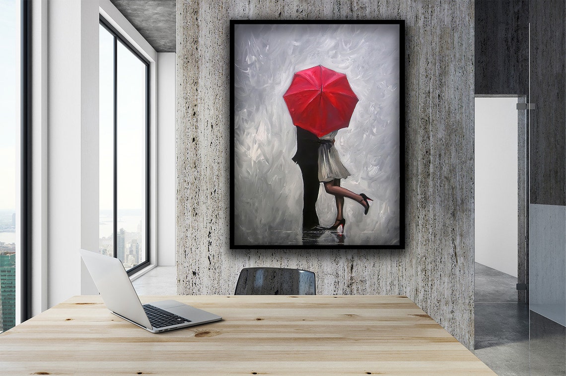 Couple Kissing Under Red Umbrella Romantic Rain Embrace Art Poster - Image 2