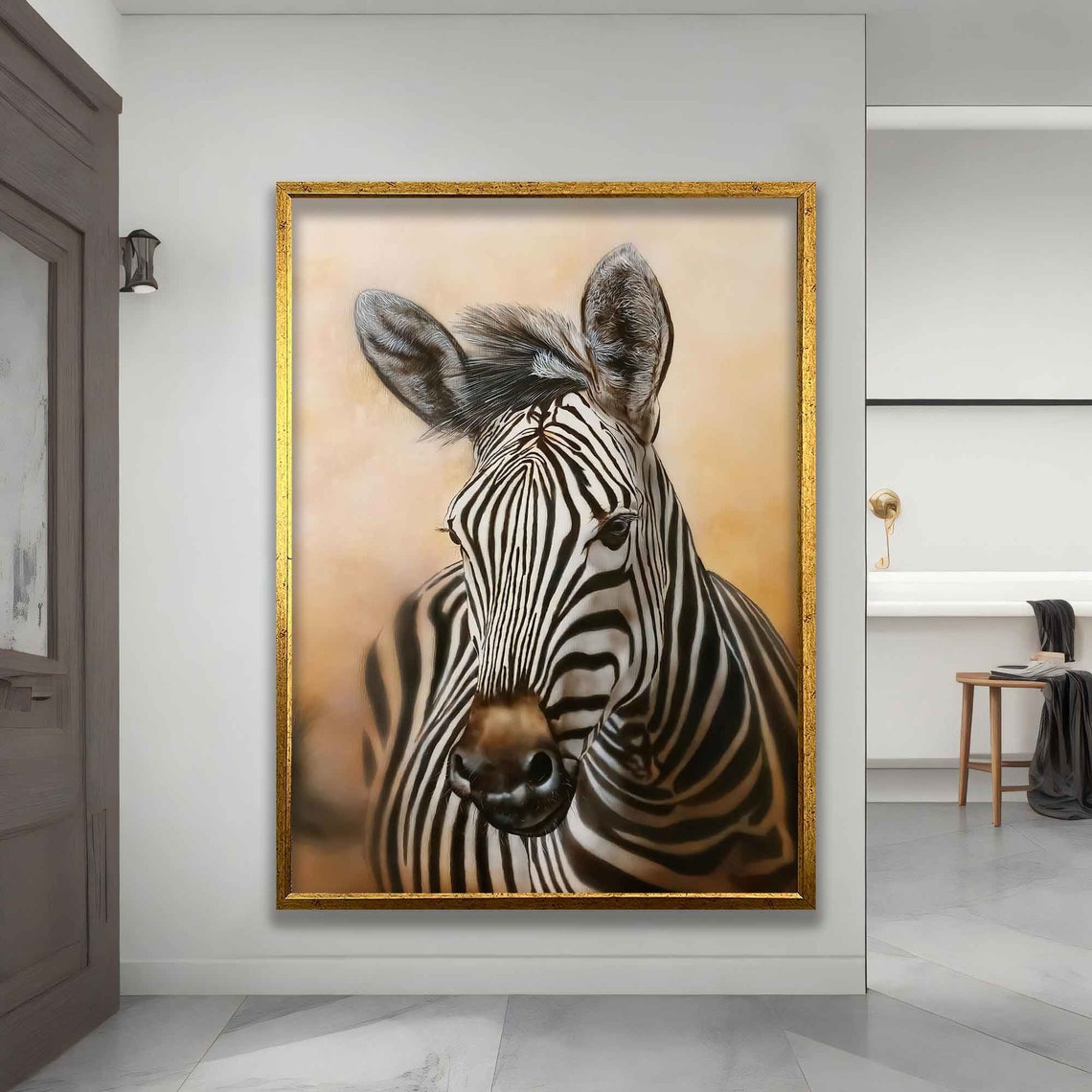 Zebra Portrait Striking Black White Stripes Warm Neutral Art Poster - Image 3