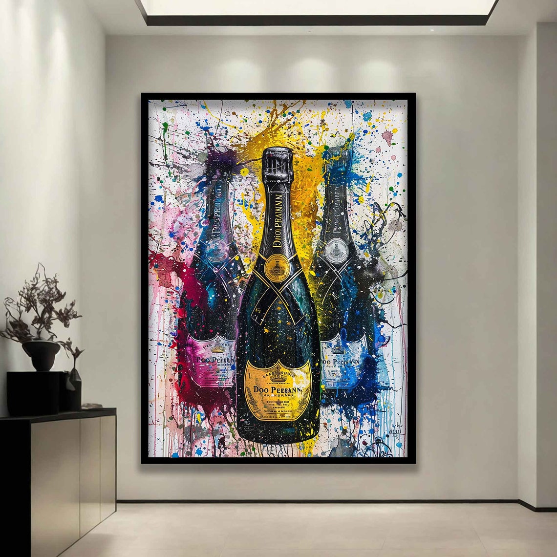 Champagne Bottles Trio Vivid Paint Splatter Modern Party Decor Poster