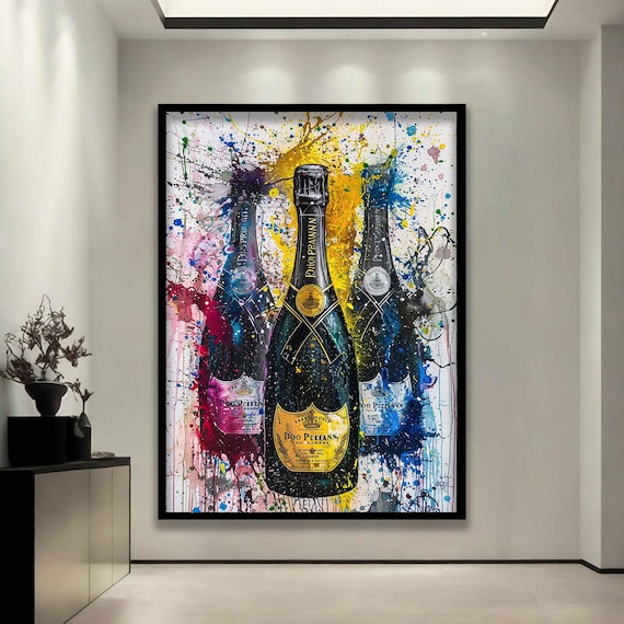 Champagne Bottles Trio Vivid Paint Splatter Modern Party Decor Poster