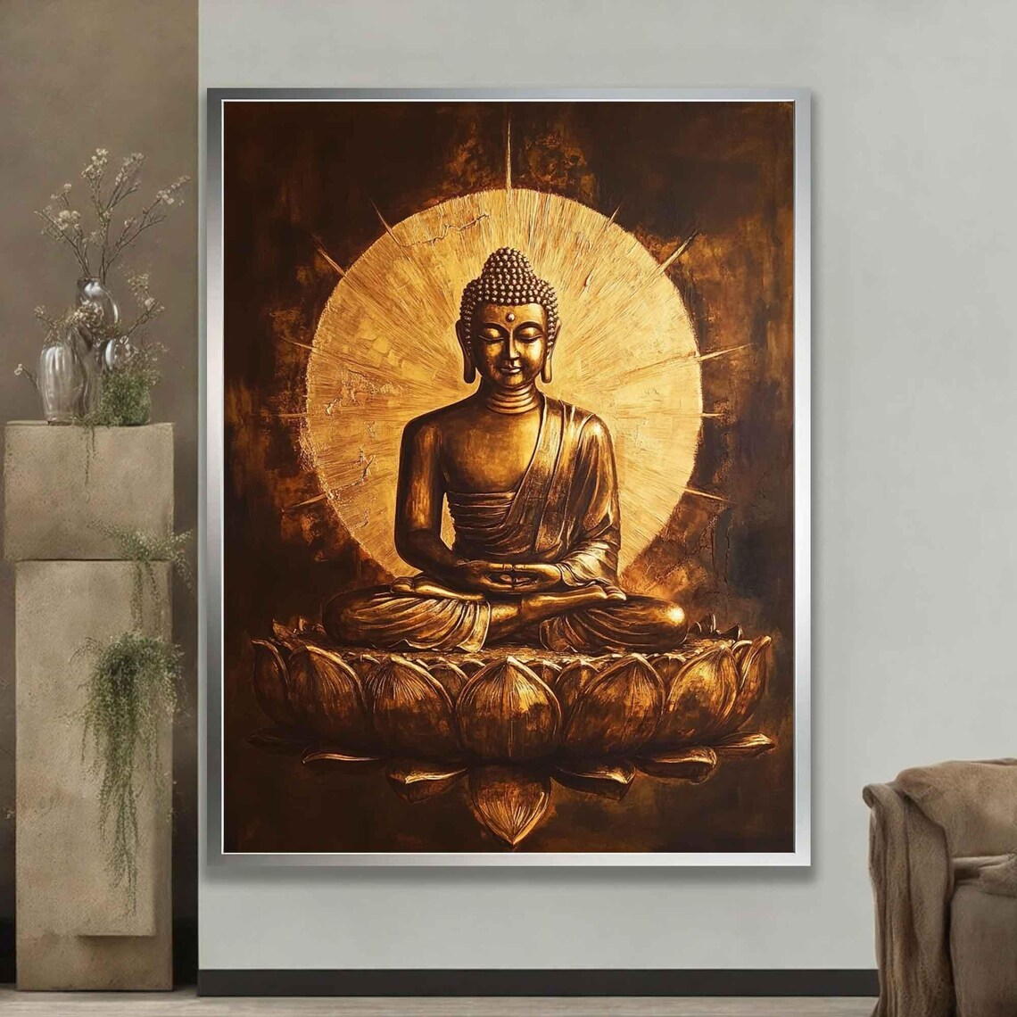 Golden Buddha Meditating On Lotus Dark Bronze Zen Wall Art Print - Image 5