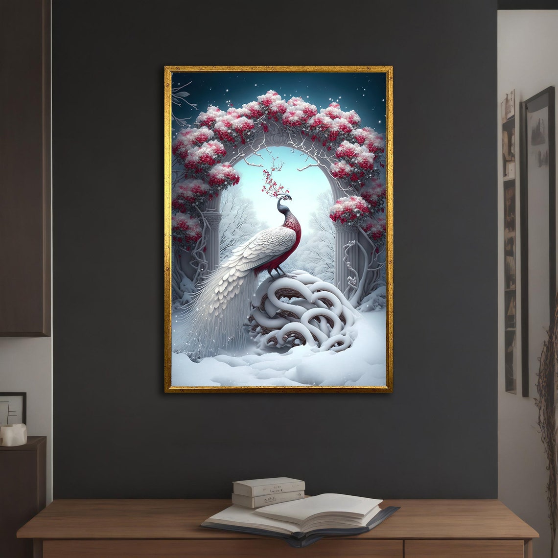 White Peacock In Snow Winter Arch Cherry Blossom Magic Poster - Image 4