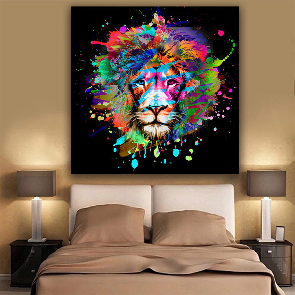 Colorful Lion Head Paint Splatter Bold Neon King Jungle Vibrant Wall Art Poster - Image 2