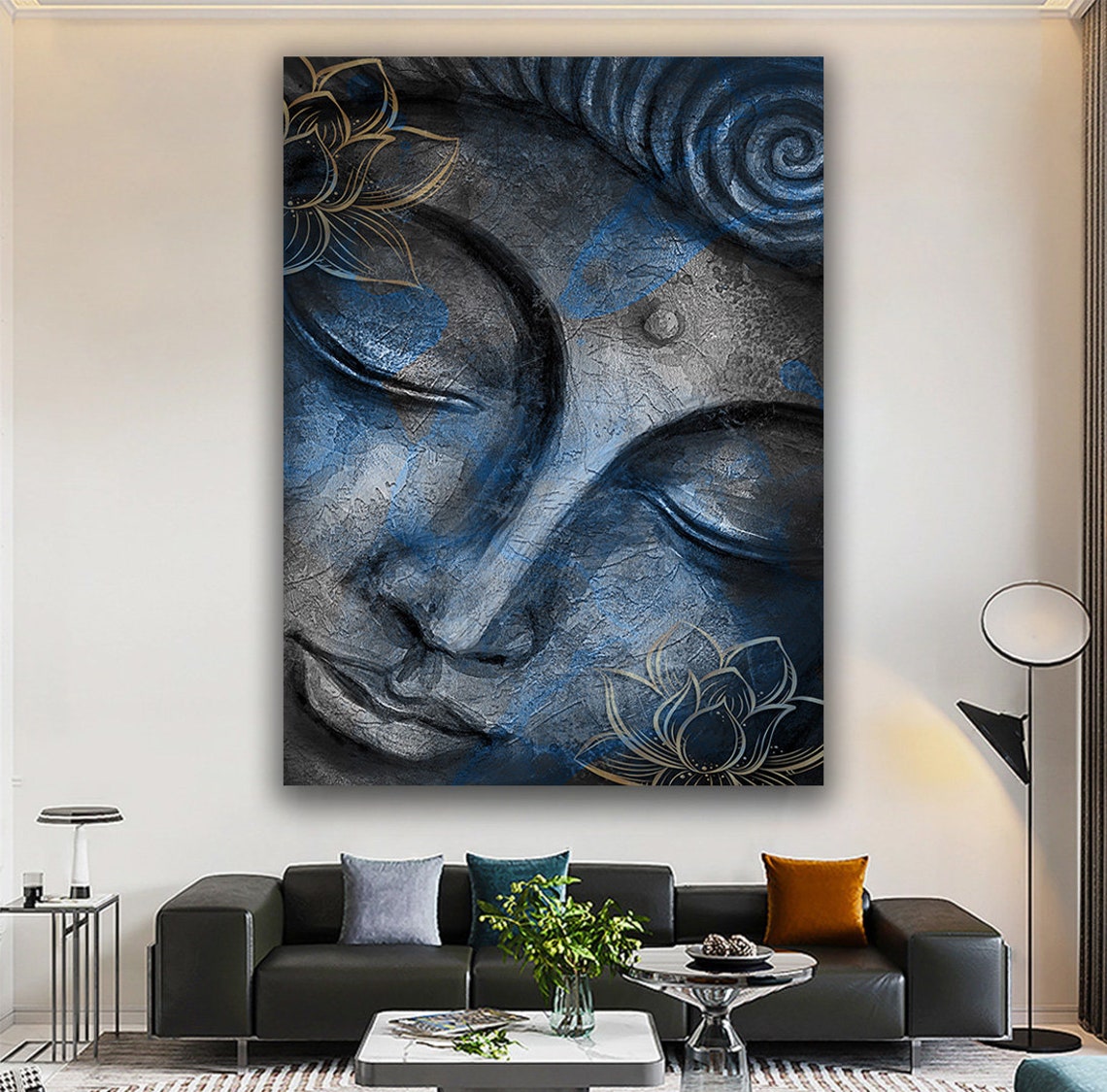 Serene Buddha Face Blue Stone Texture Gold Lotus Zen Meditation Poster - Image 3