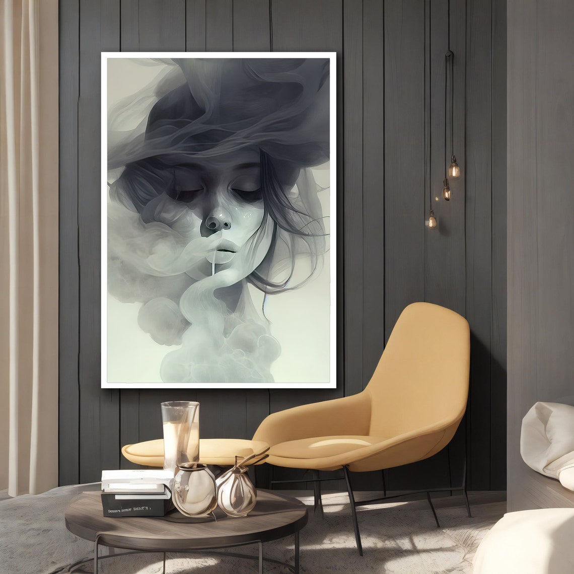 Woman Face Dissolving in Smoke Dreamy Black White Art Wall Poster - Image 4