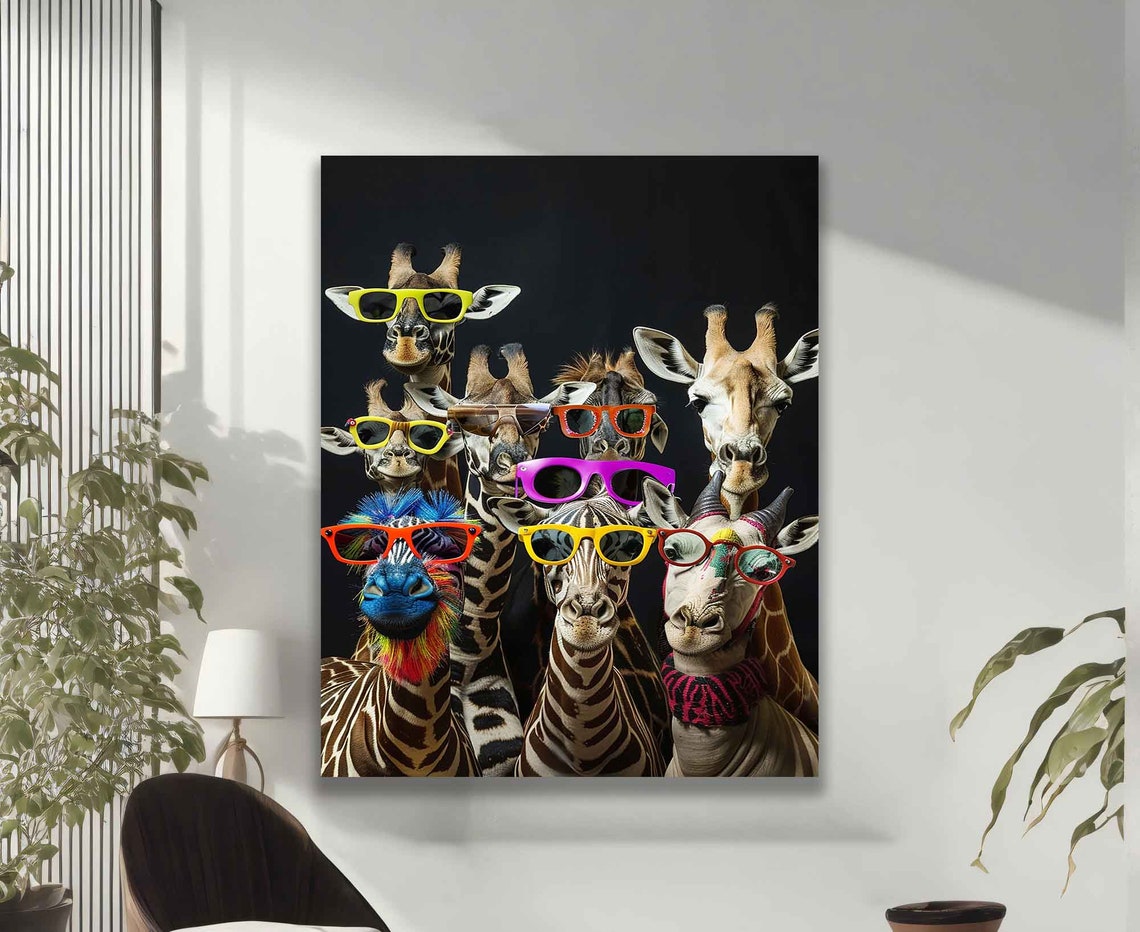 Funny Giraffes with Colorful Sunglasses Group Portrait Art Poster - Image 2