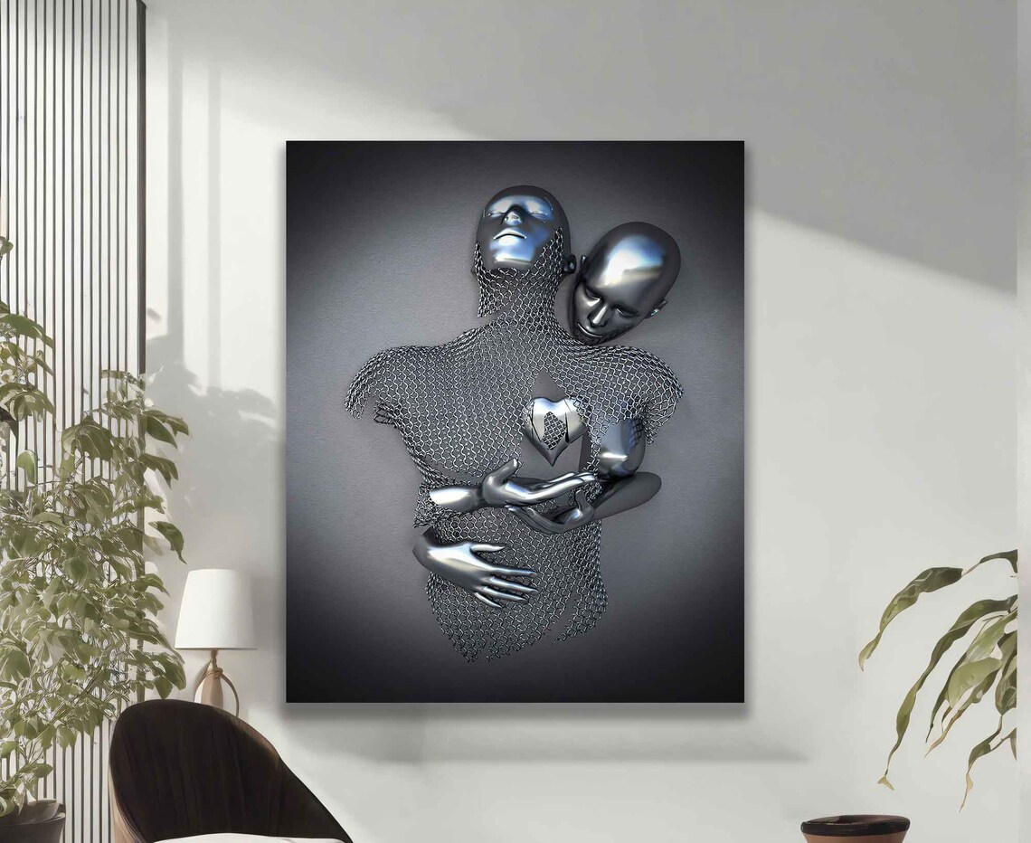 Silver Heart Love Two Figures Chainmail Sculpture Couple Art Poster - Image 2