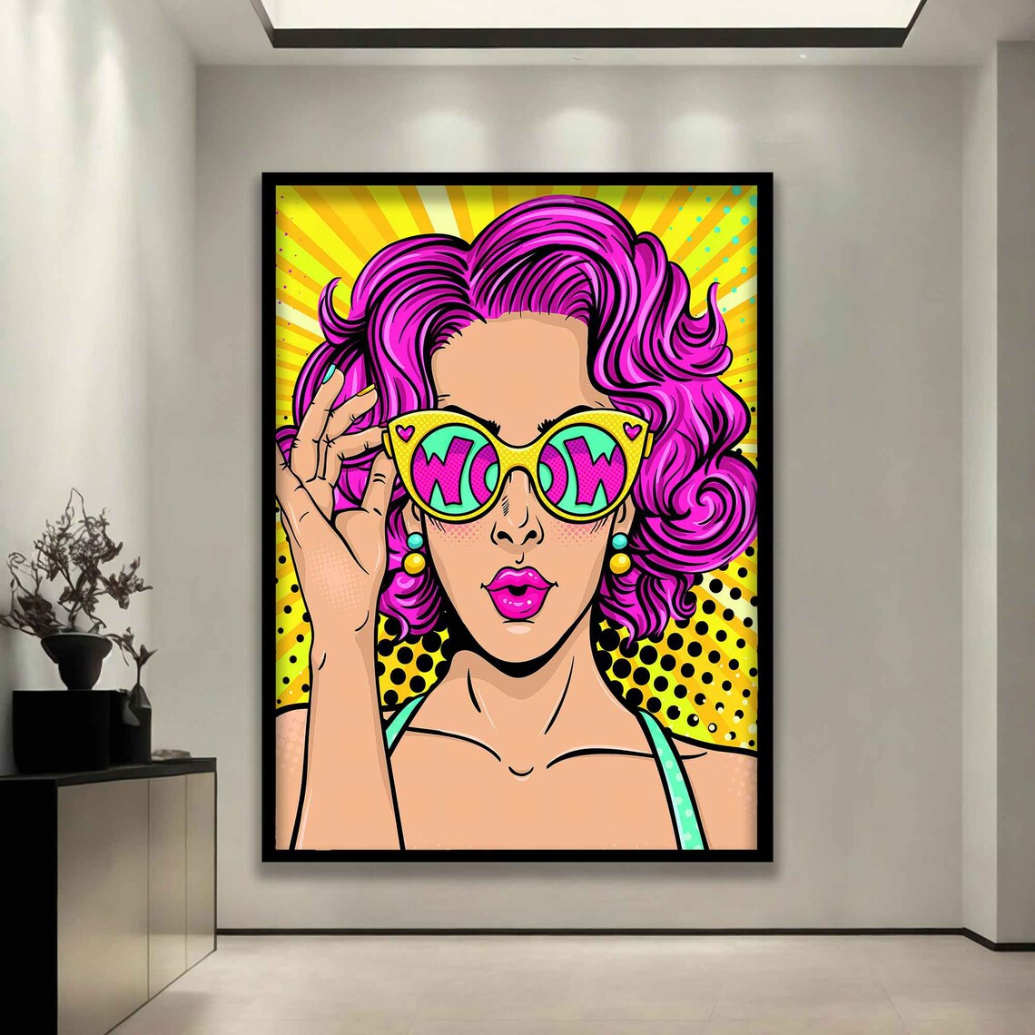 Pop Art Woman Wow Sunglasses Pink Hair Comic Style Colorful Wall Art Print - Image 3