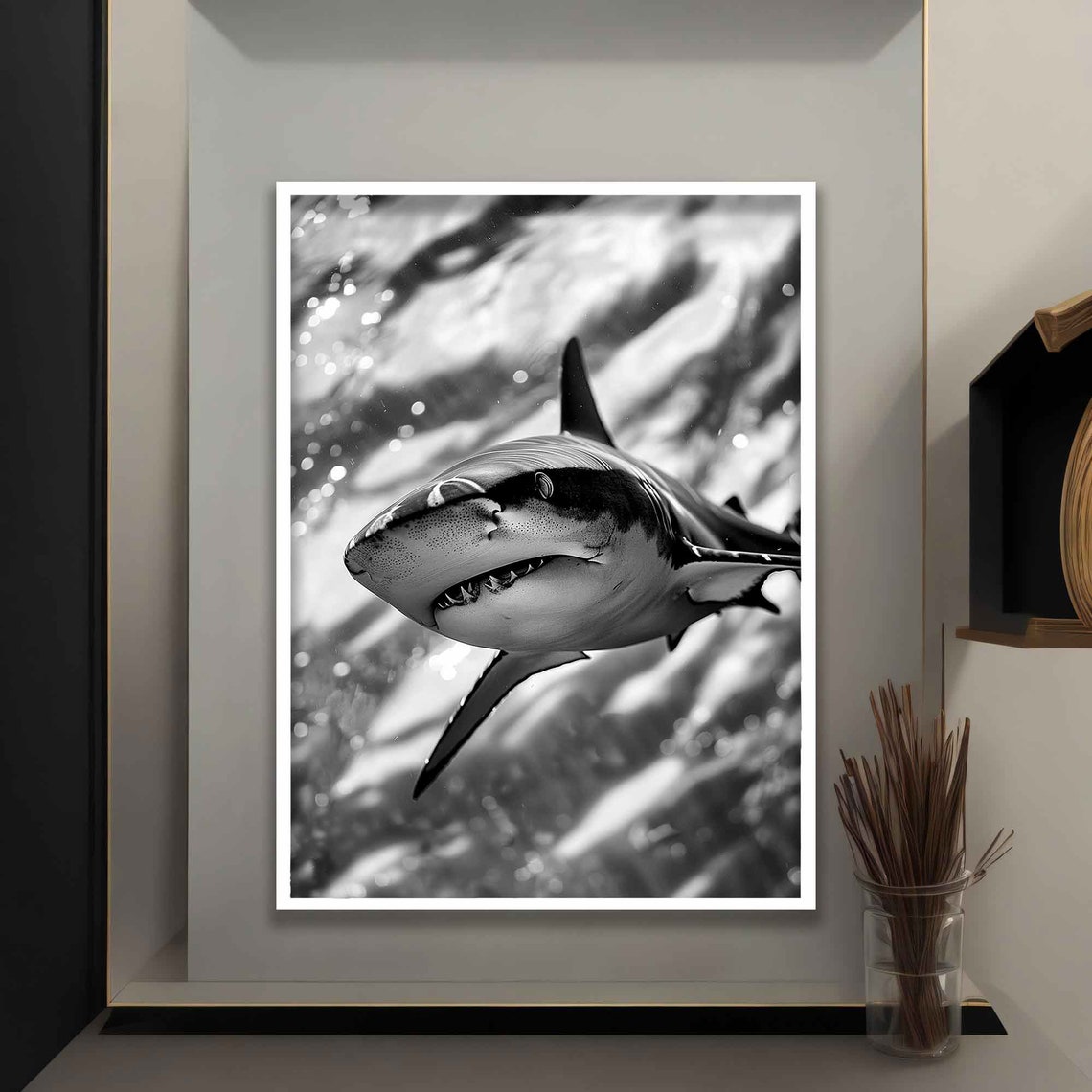 Great White Shark Black And White Underwater Portrait Ocean Wall Art - Image 5