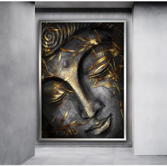 Black Gold Leaf Buddha Face Serene Spiritual Calm Decor Wall Art Poster