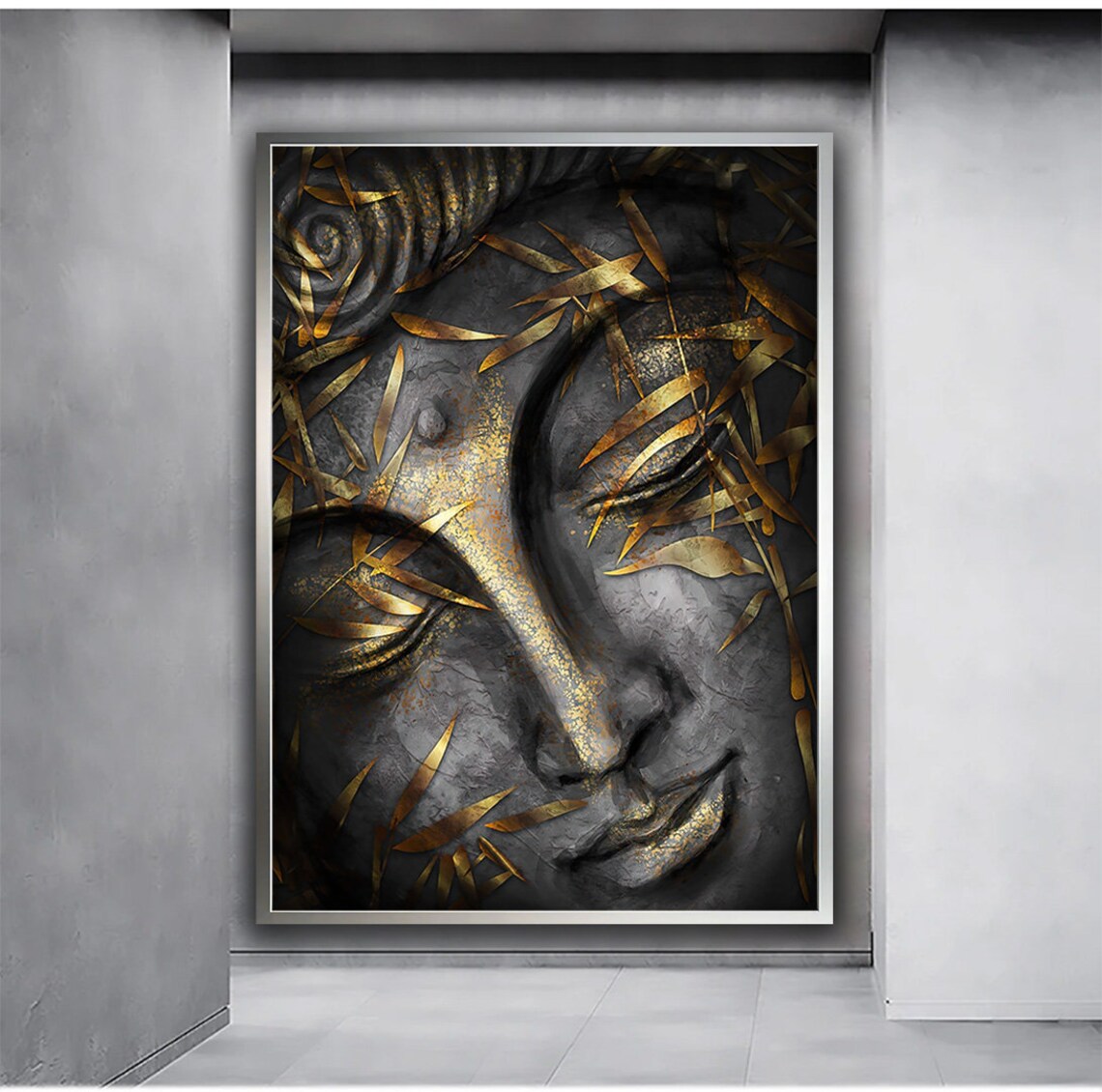 Black Gold Leaf Buddha Face Serene Spiritual Calm Decor Wall Art Poster