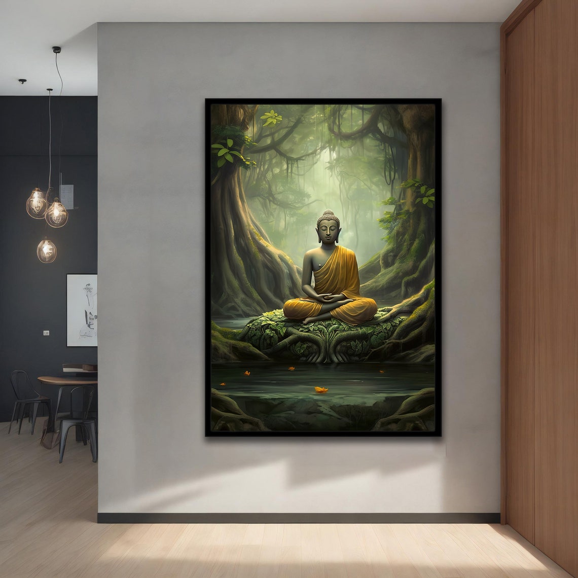 Peaceful Buddha Meditating In Misty Green Forest Zen Wall Art - Image 4