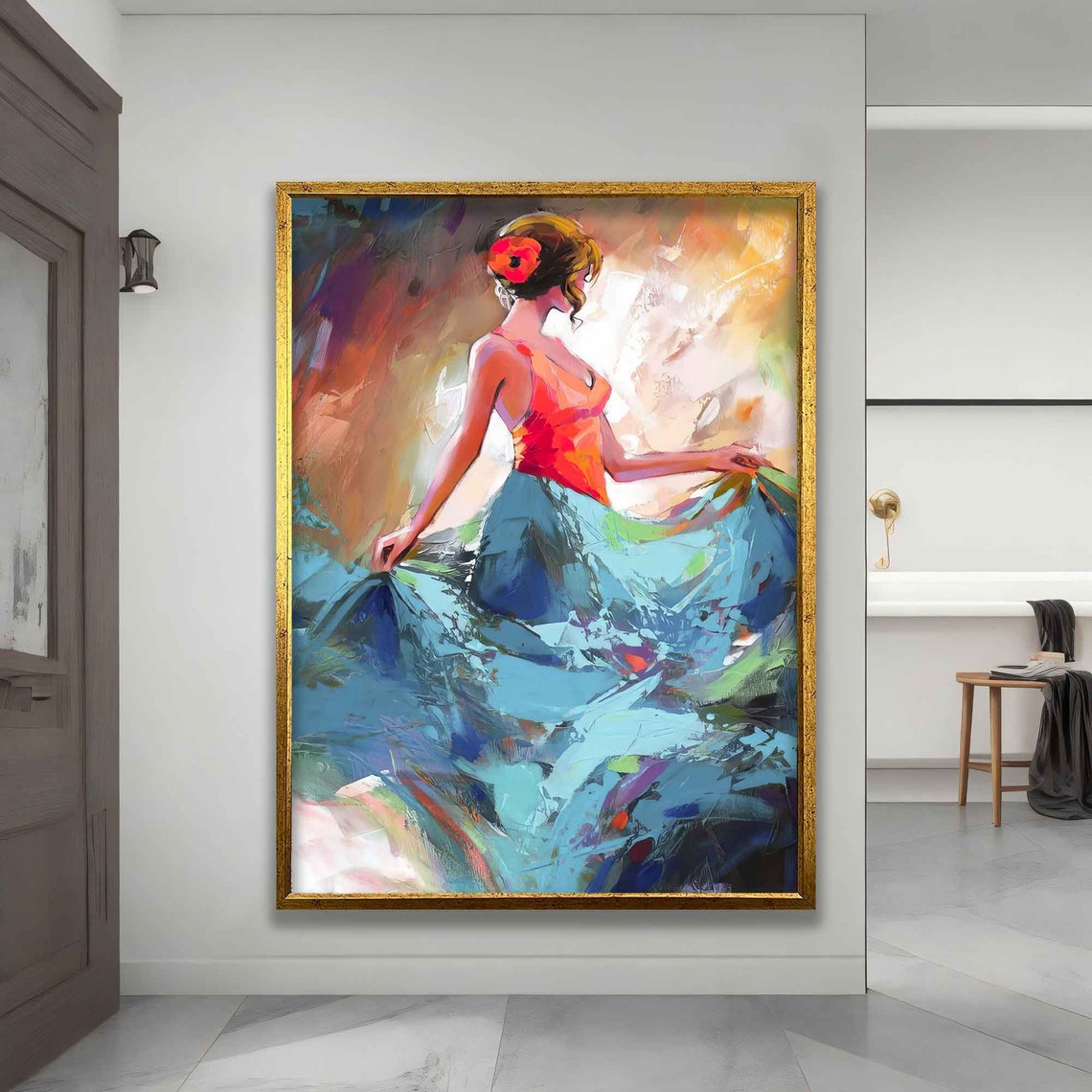 Flamenco Dancer Turquoise Skirt Back View Spanish Passion Dance Poster