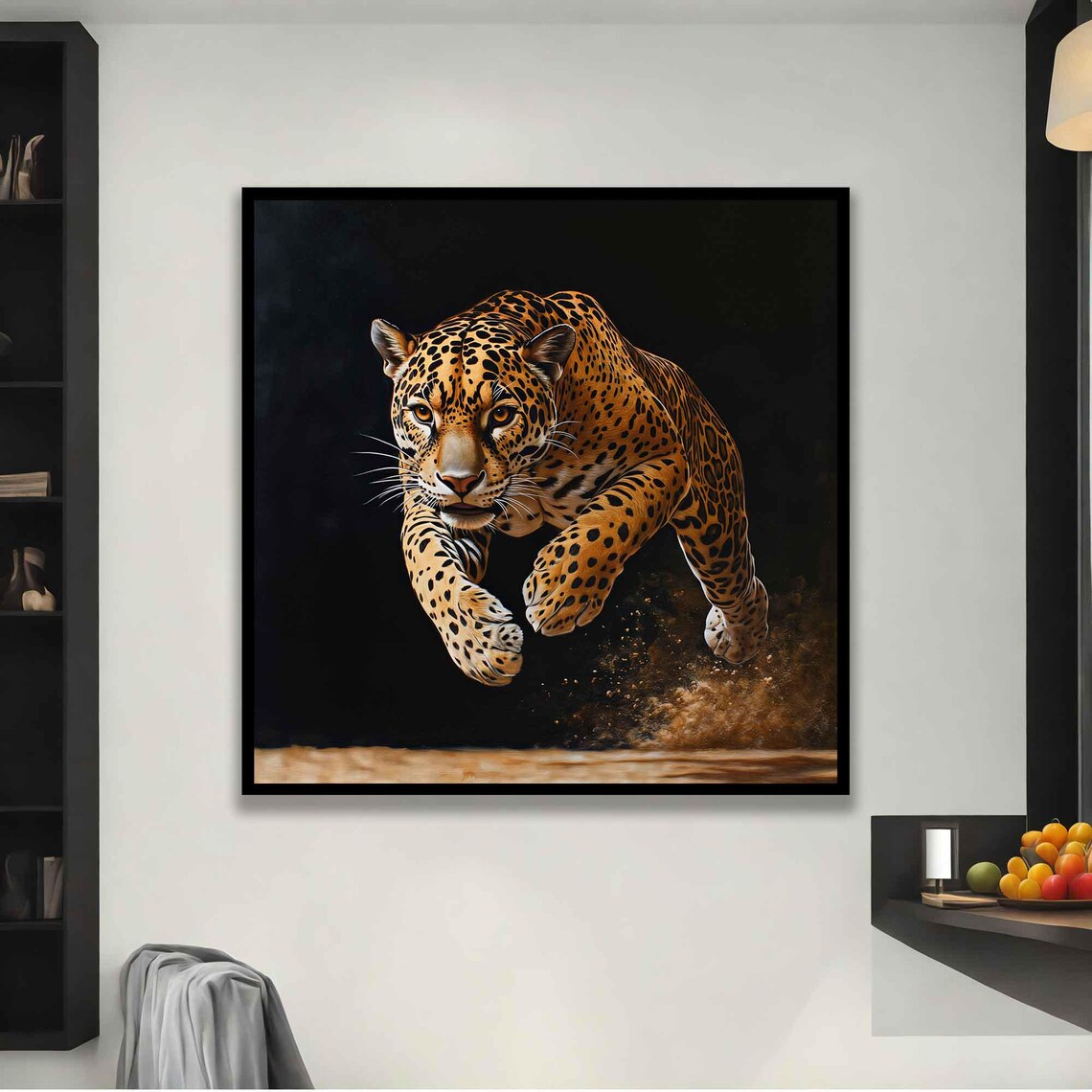 Leaping Leopard Portrait Painting Black Background Wild Animal Wall Poster - Image 2