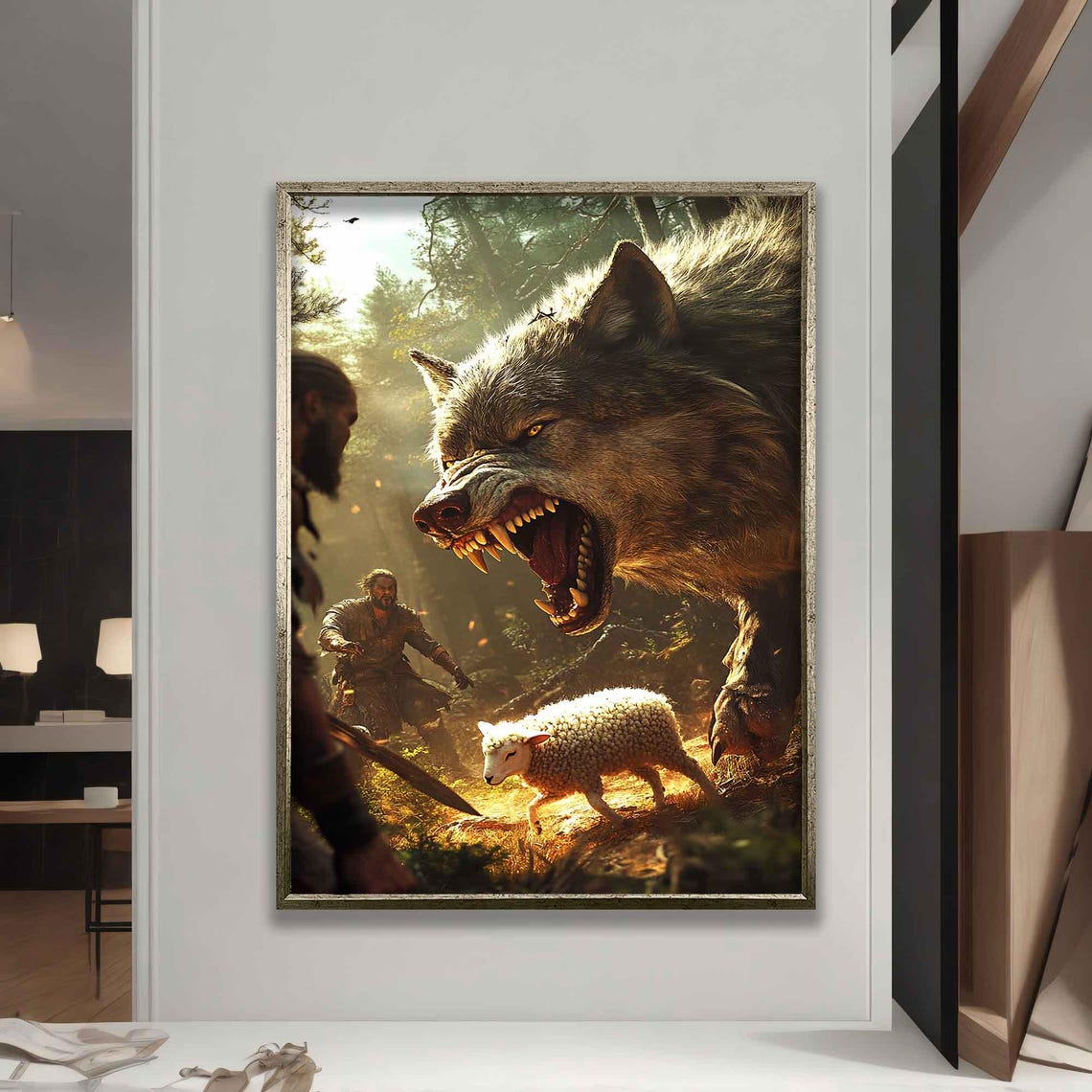 Jesus Rescuing Lamb From Giant Wolf Forest Christian Art Poster - Image 5