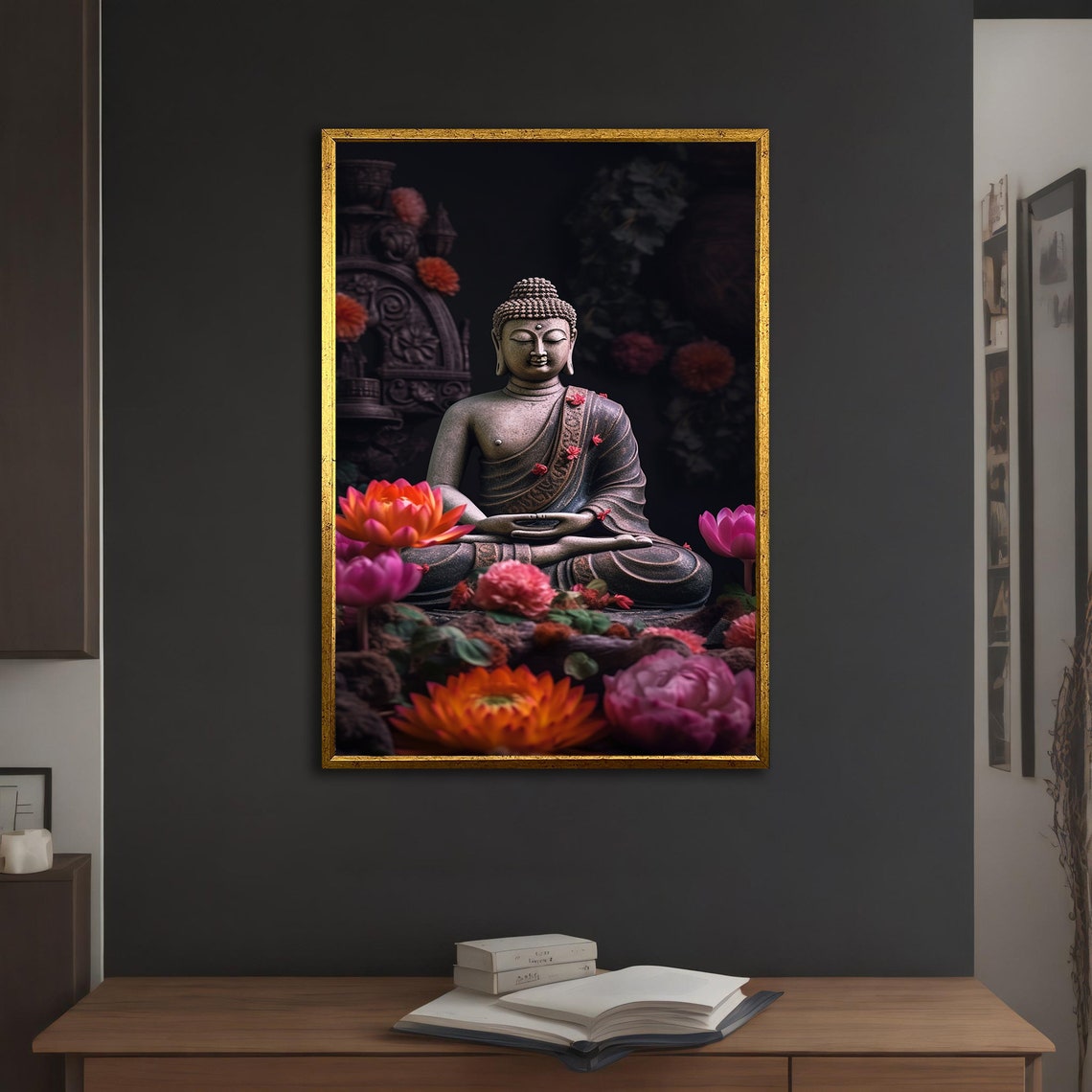 Buddha Statue Meditating Among Pink Lotus Flowers Dark Poster - Image 3