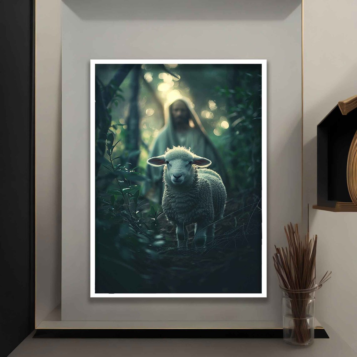 Jesus Lost Lamb Forest Light Beams Religious Christian Faith Art Poster - Image 4