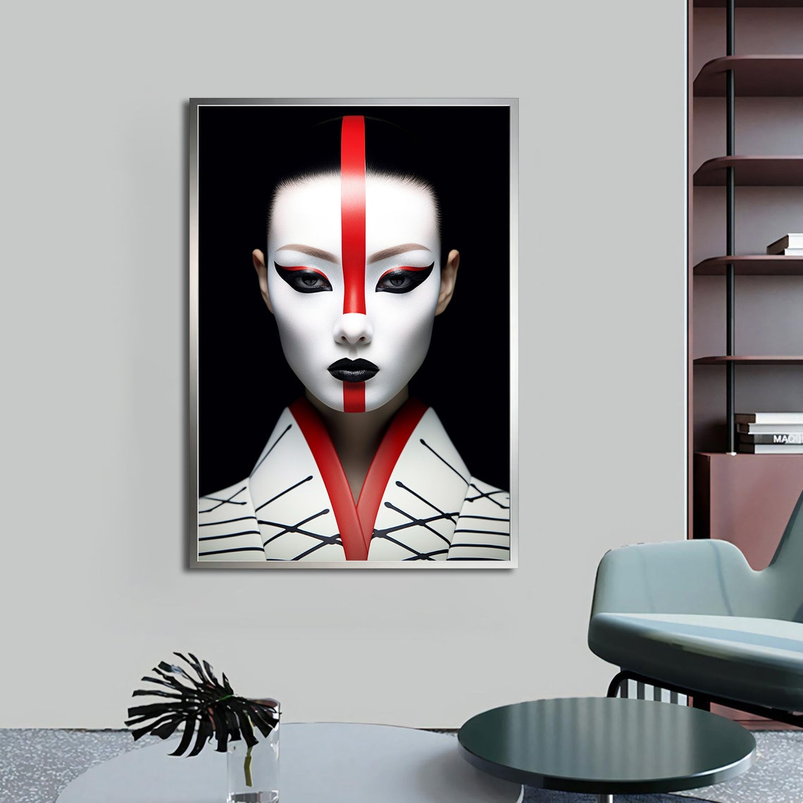 Geisha Kabuki Mask Bold Red Stripe White Face Dramatic Art Poster - Image 4
