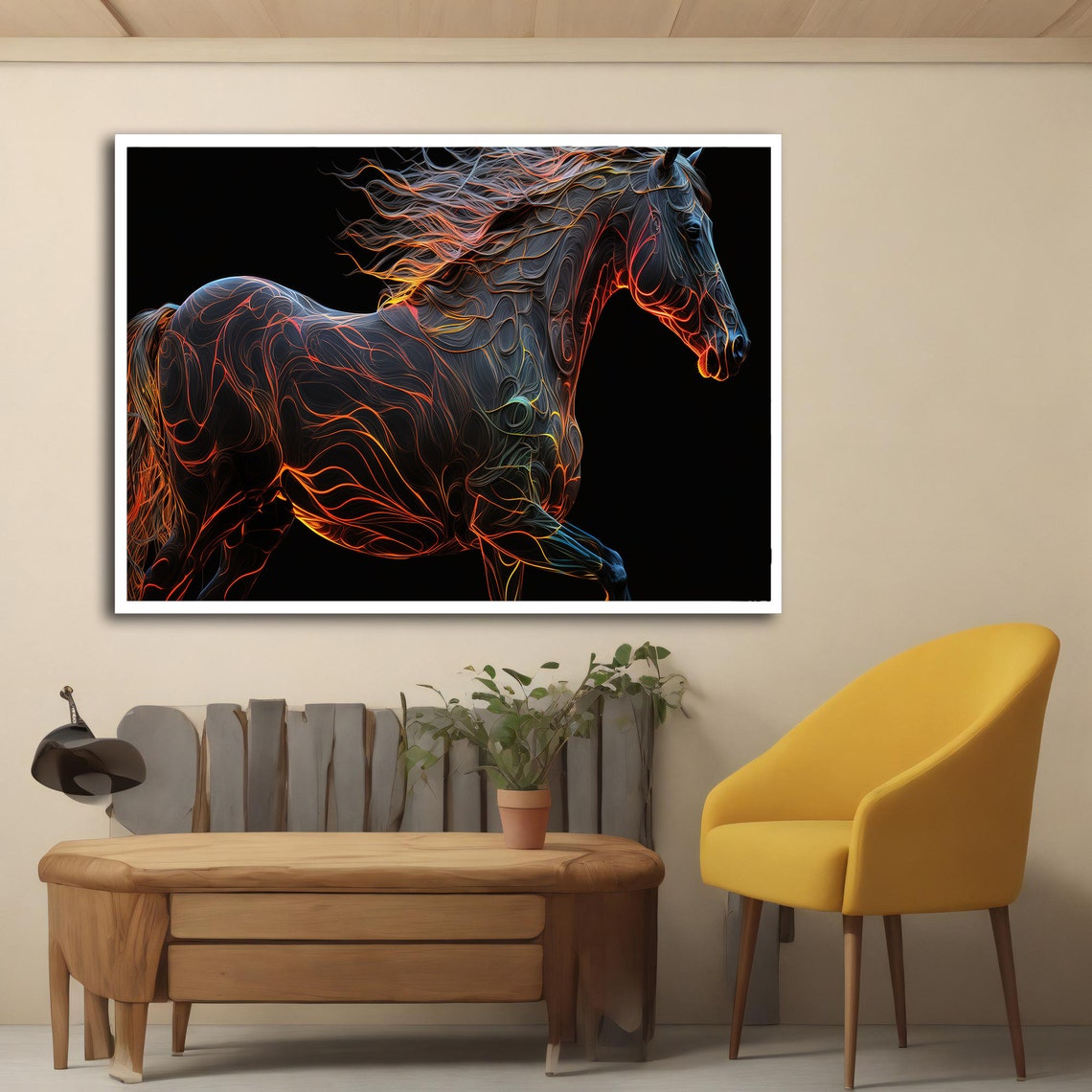 Black Horse Galloping Neon Orange Line Patterns Dark Background Poster - Image 3