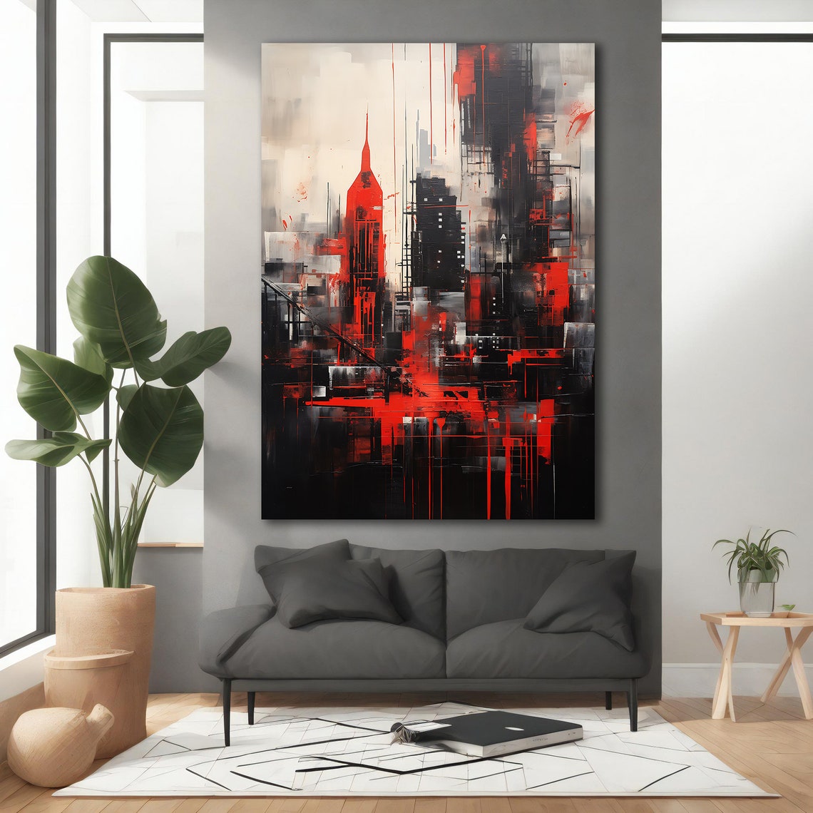 Abstract Red Black White City Skyline Bold Brushstroke Art Poster - Image 3