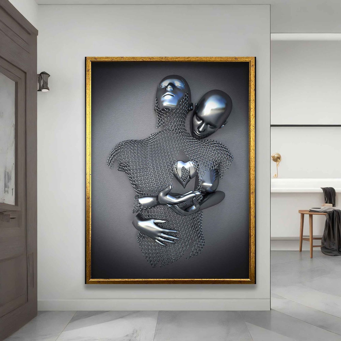 Silver Heart Love Two Figures Chainmail Sculpture Couple Art Poster - Image 4