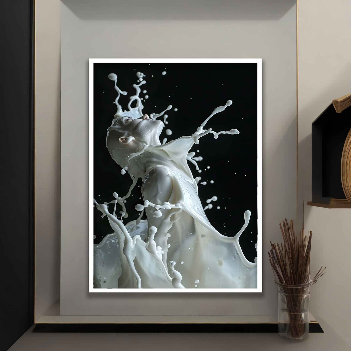 White Milk Splash Woman Silhouette Striking Black Background Art Poster