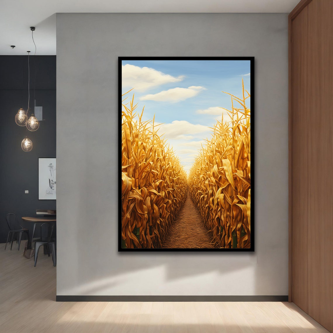 Golden Cornfield Path Bright Blue Sky Country Field Harvest Poster
