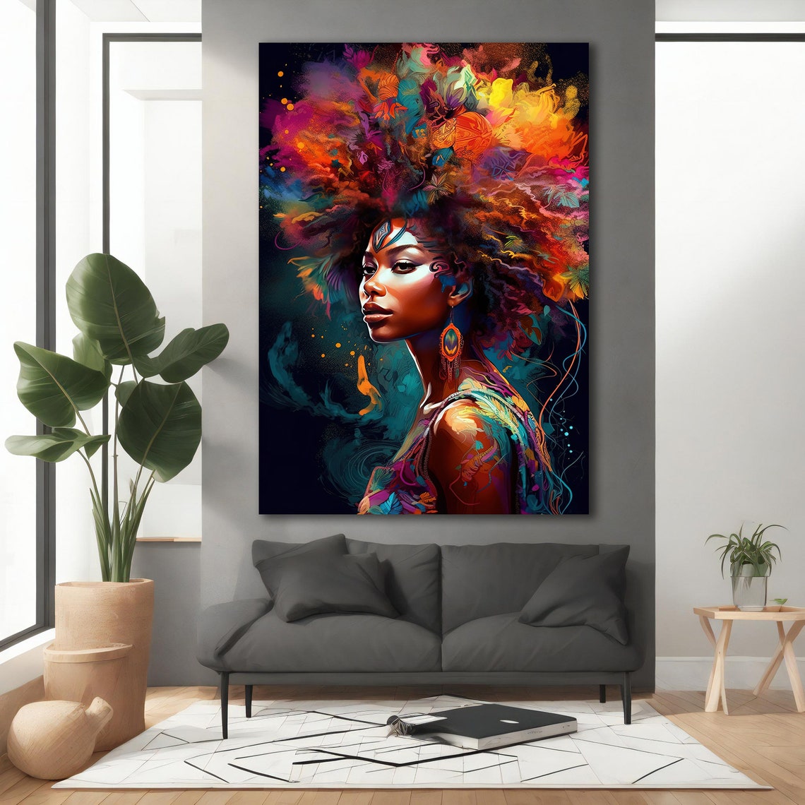 African Woman Exploding Colorful Afro Hair Teal Background Poster - Image 5