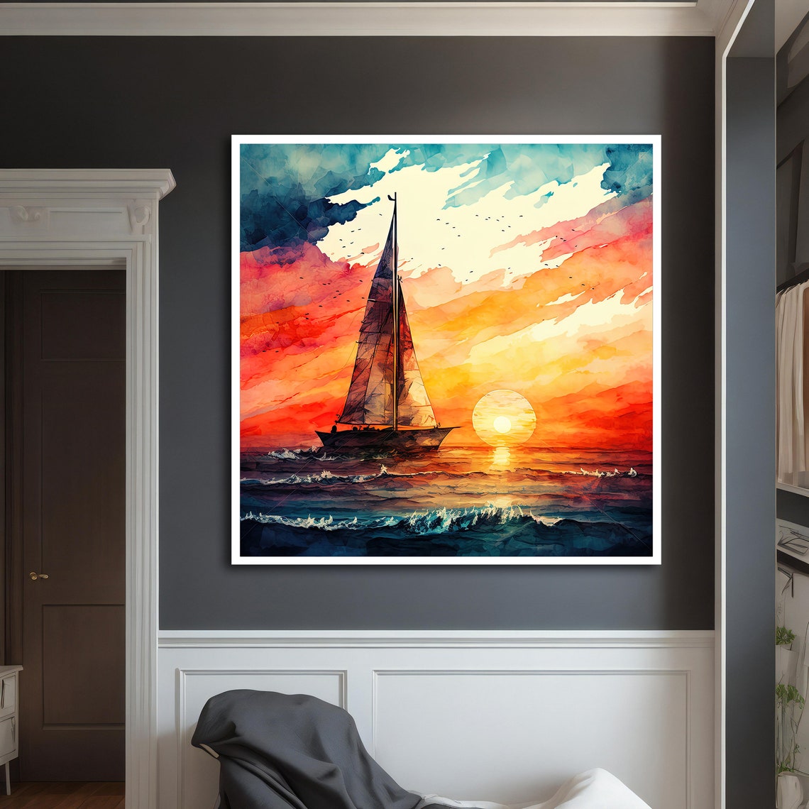 Sailboat Sunset Watercolor Vibrant Red Sky Ocean Sailing Poster - Image 3