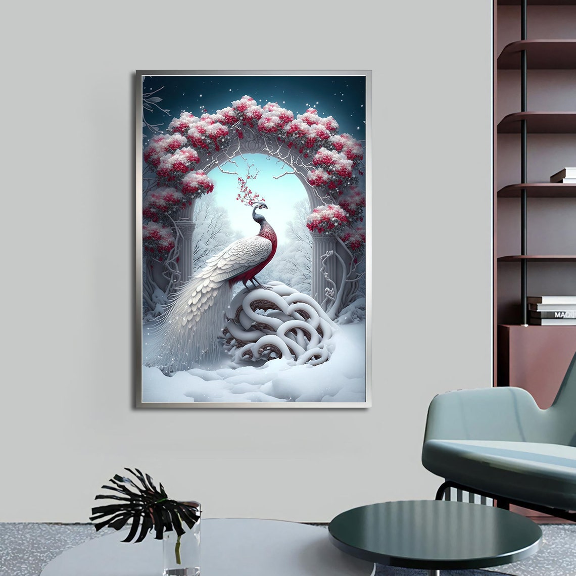 White Peacock In Snow Winter Arch Cherry Blossom Magic Poster - Image 5