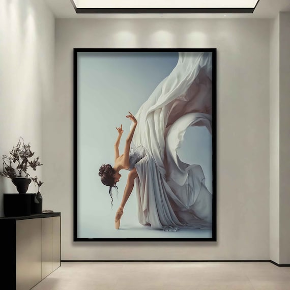 Ballerina en Pointe with Flowing White Fabric Dance Art Poster