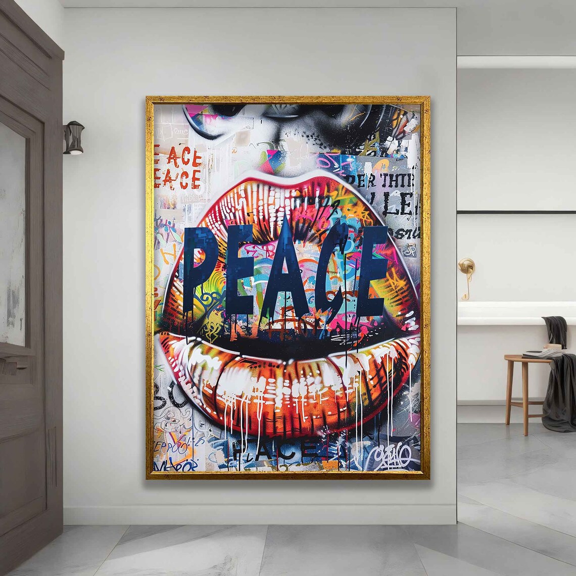 Graffiti Lip With Peace Writing, Street Art