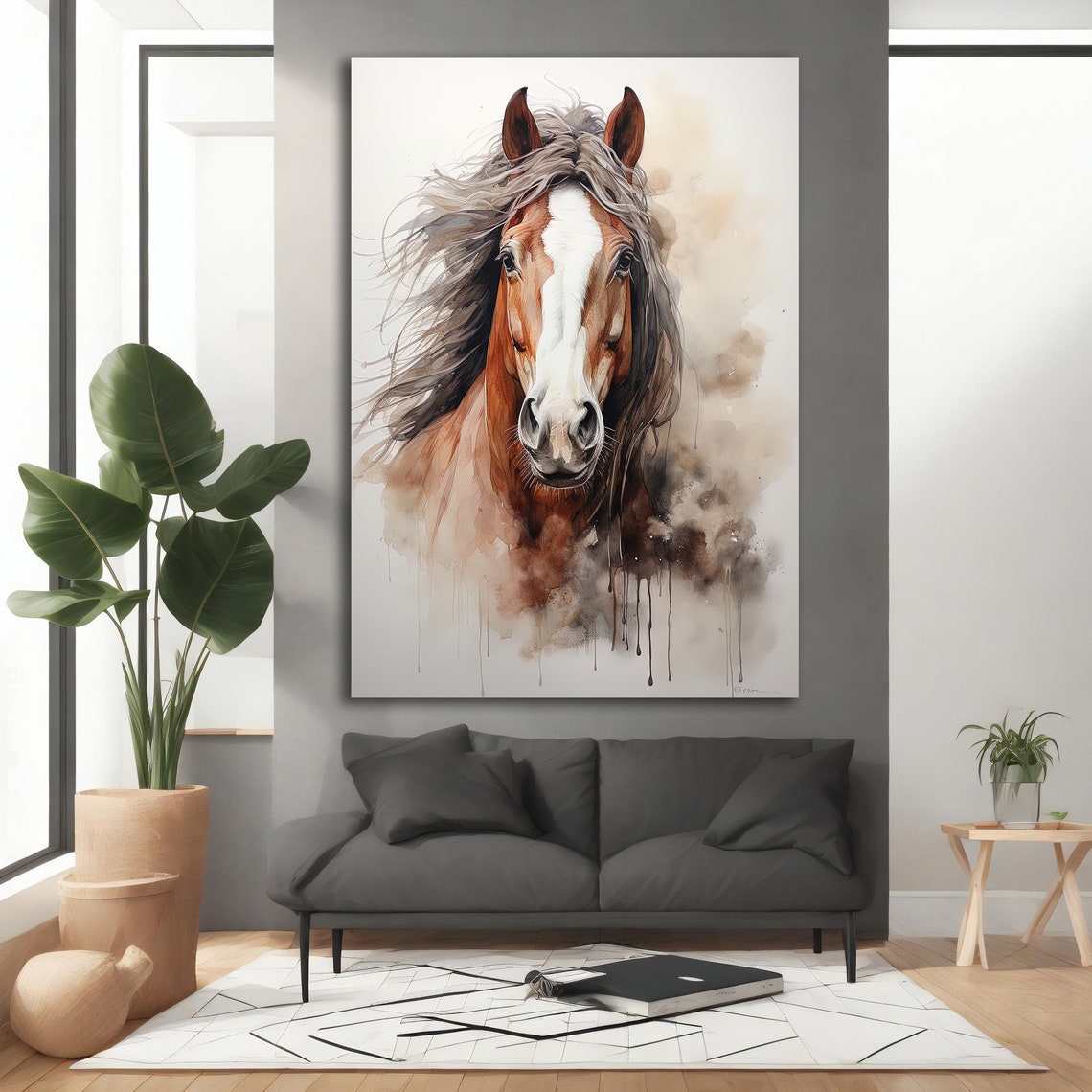 Chestnut Horse Head Watercolor Flowing Mane Elegant Wall Art - Image 3