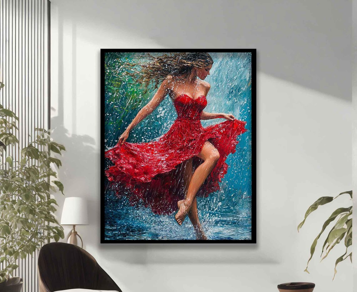 Dancing Woman Red Dress Rain Barefoot Joyful Impressionist Art Poster Print - Image 3
