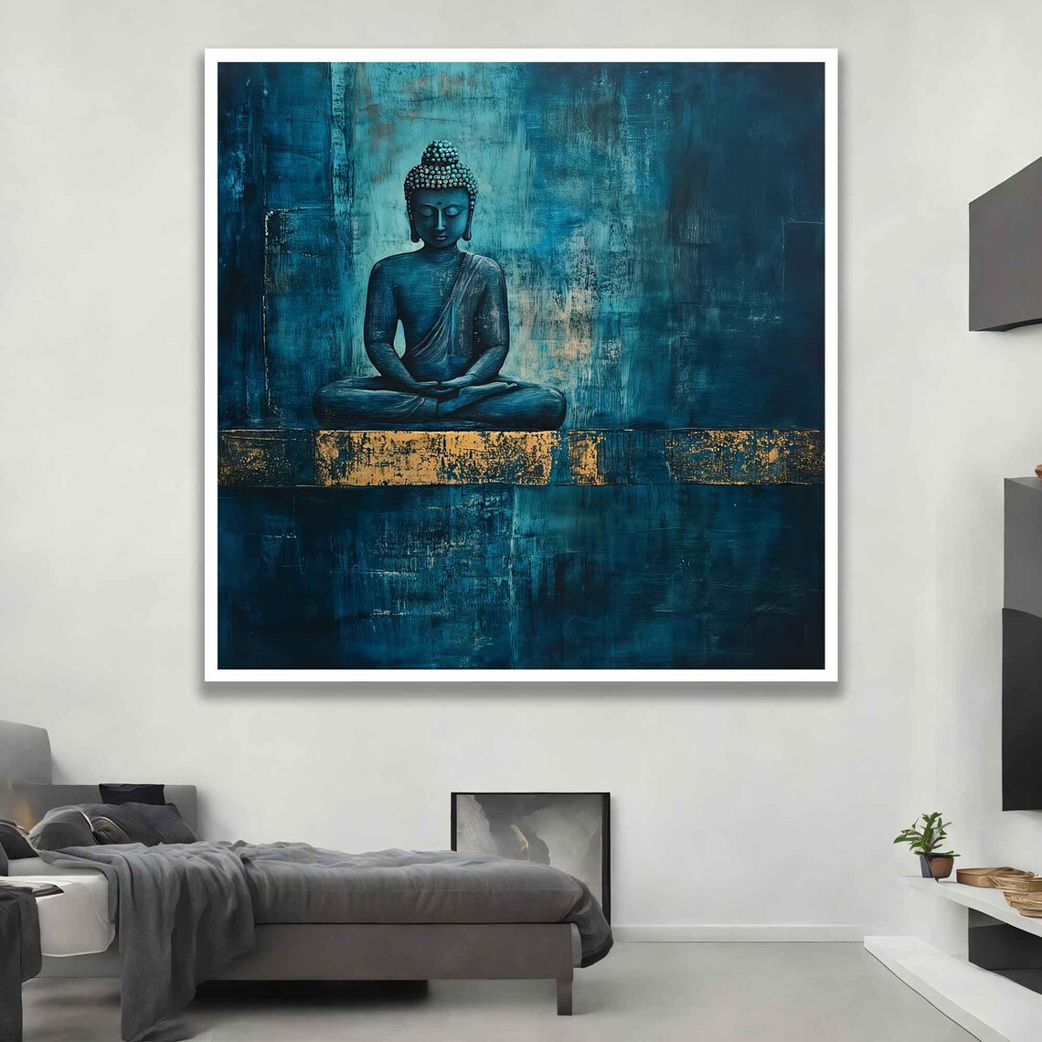 Blue Buddha Meditating Painting Teal Gold Abstract Zen Buddhist Wall Poster - Image 3
