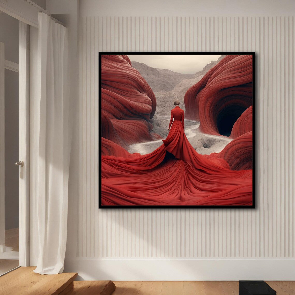 Woman Red Dress Surreal Flowing Red Canyon Desert Landscape Poster - Image 4