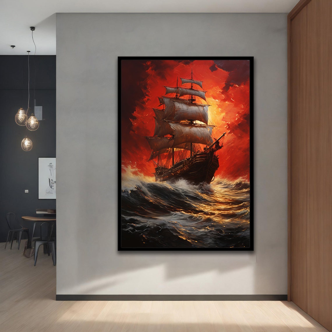 Dark Pirate Ship Fiery Red Storm Night Ocean Waves Art Poster