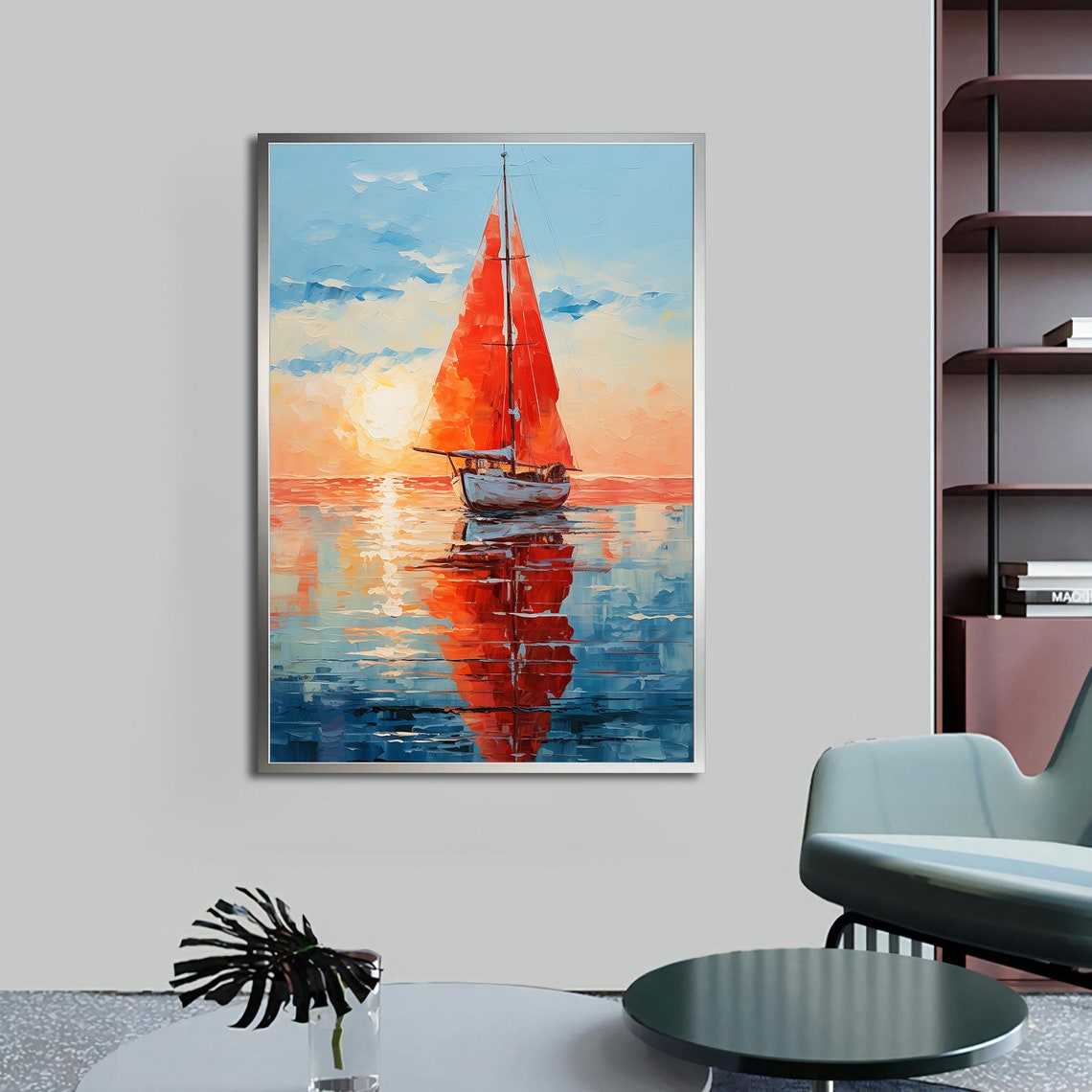 Red Sailboat Sunset Calm Sea Impasto Oil Painting Coastal Art Poster - Image 4